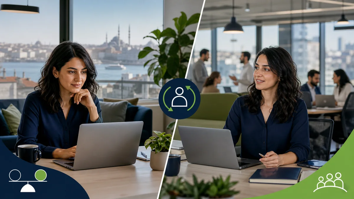 Ev ve ofis çalışma düzenini karşılaştıran hibrit çalışan