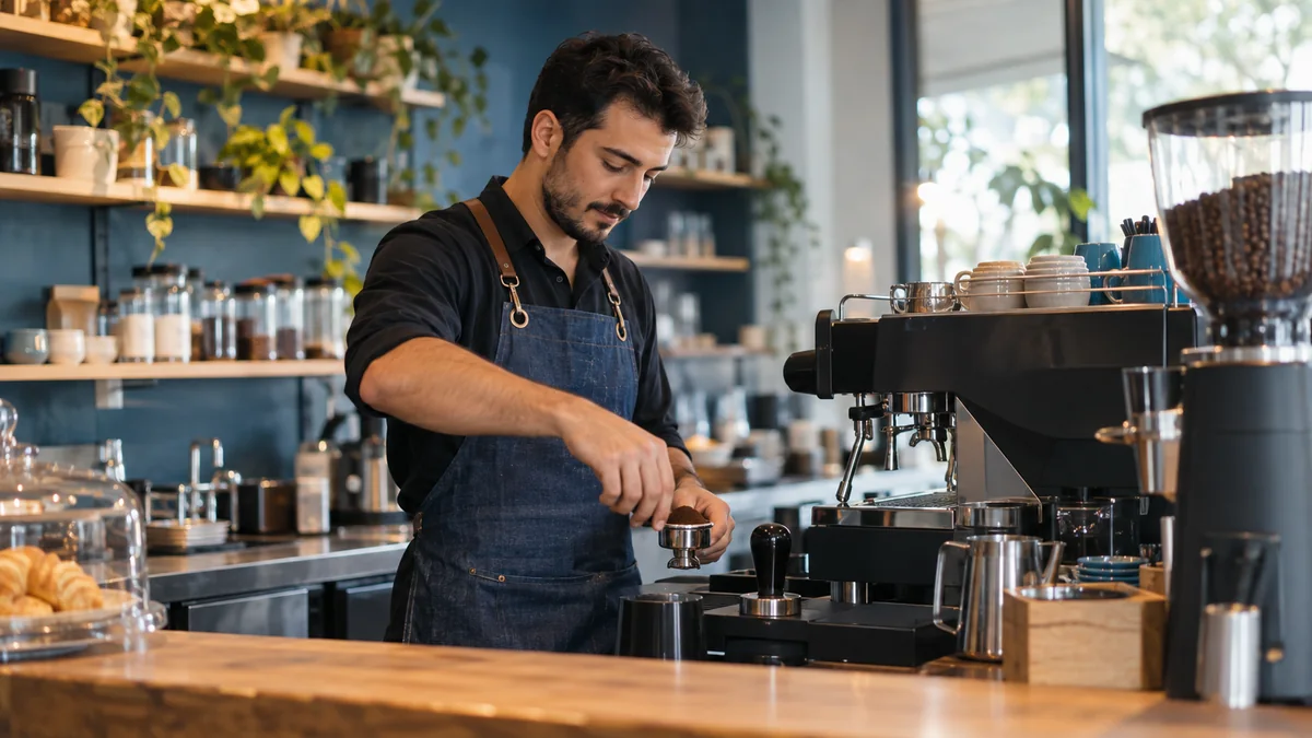 Modern bir kafede espresso hazırlayan barista