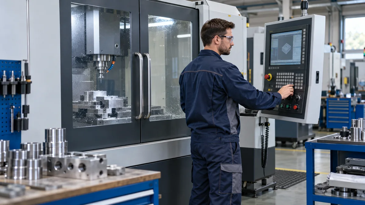 Kapalı CNC tezgâhının kontrol panelini yöneten güvenlik gözlüklü CNC operatörü