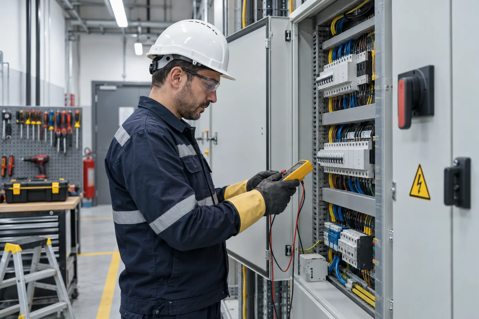 Elektrik panosunda güvenli ölçüm yapan koruyucu donanımlı elektrikçi