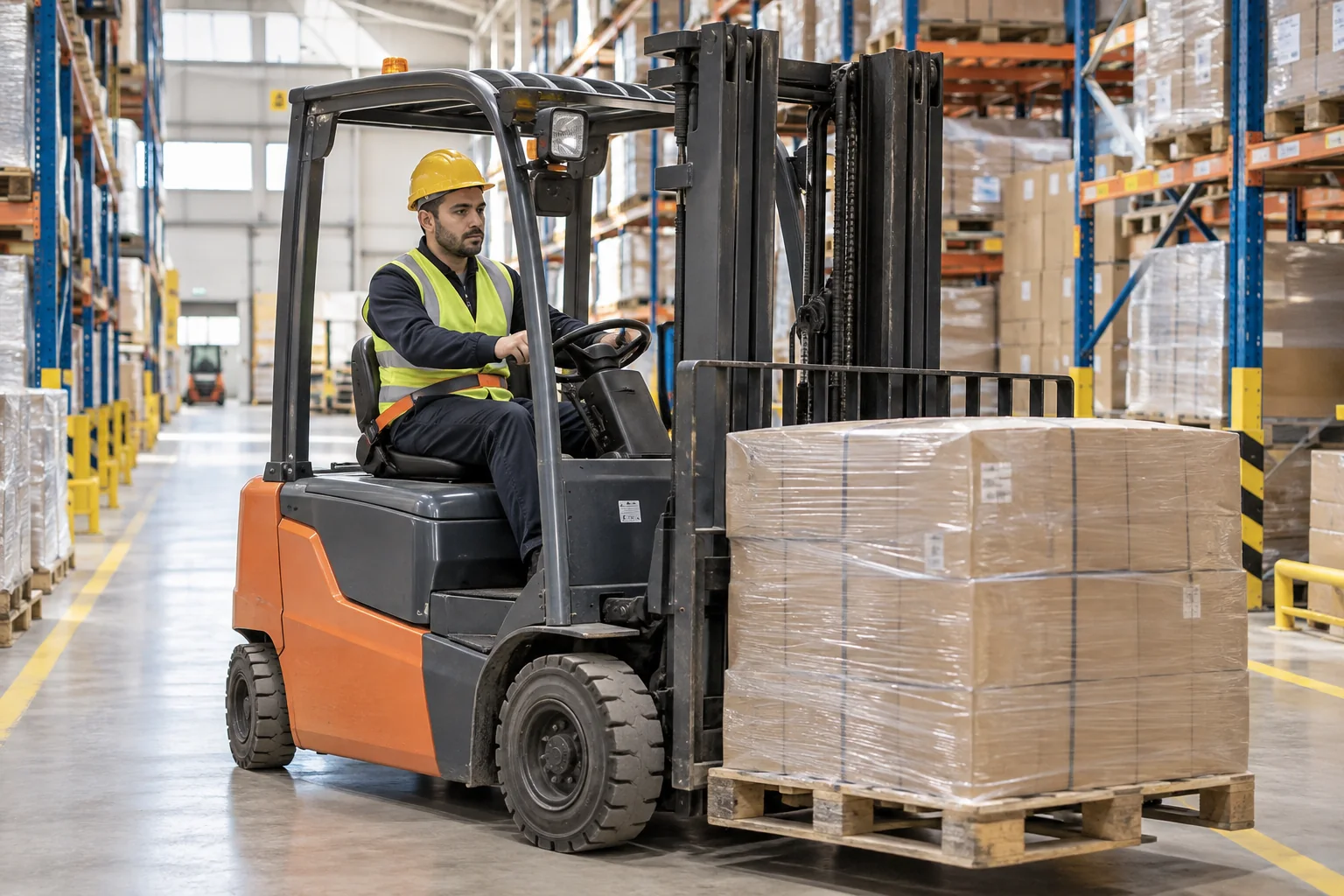 Güvenli depo alanında palet taşıyan profesyonel forklift operatörü