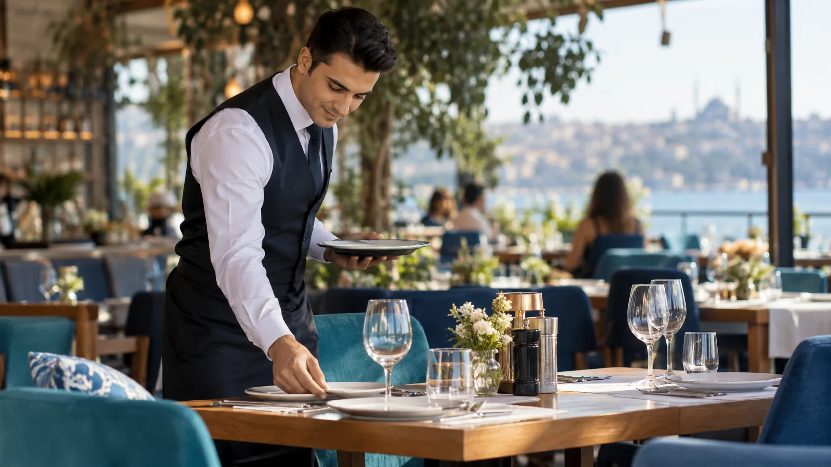Modern bir restoranda servis hazırlığı yapan garson