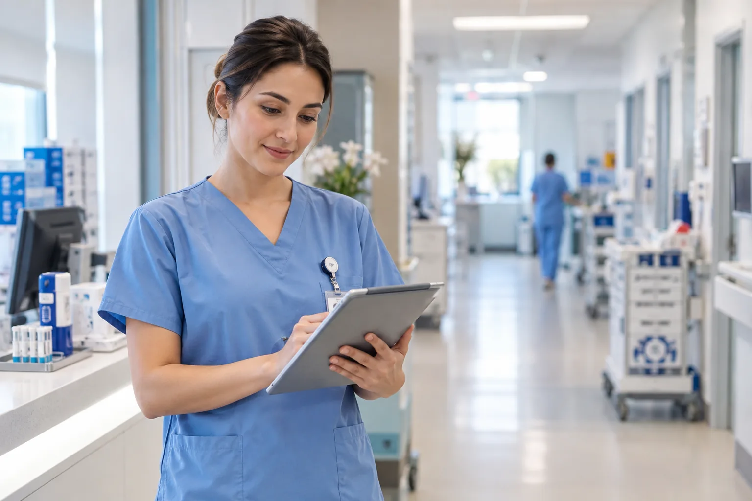 Aydınlık klinikte bakım kayıtlarını tablette inceleyen profesyonel hemşire