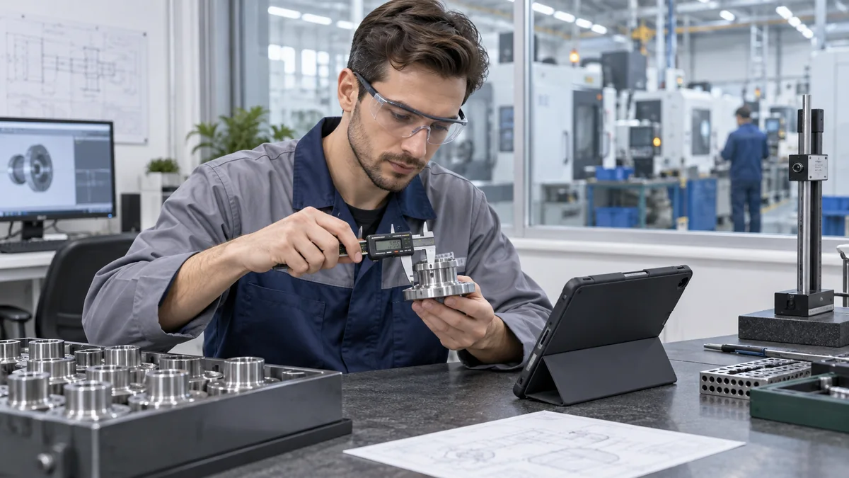Üretilmiş metal parçayı dijital kumpasla ölçen kalite kontrol elemanı