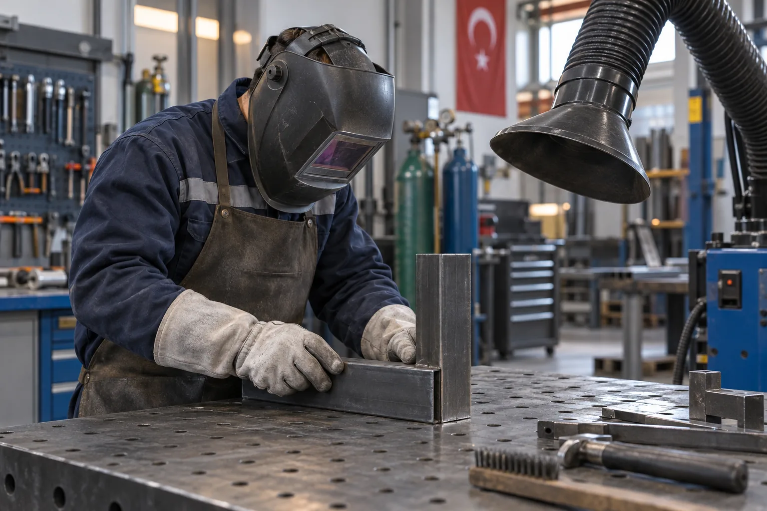 Atölyede metal birleşimini koruyucu ekipmanla hazırlayan profesyonel kaynakçı