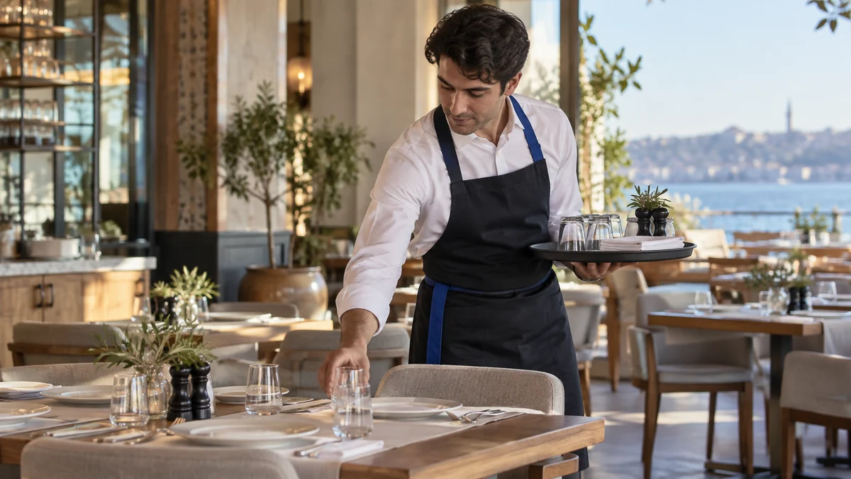 Restoranda servis öncesi masa düzeni hazırlayan komi