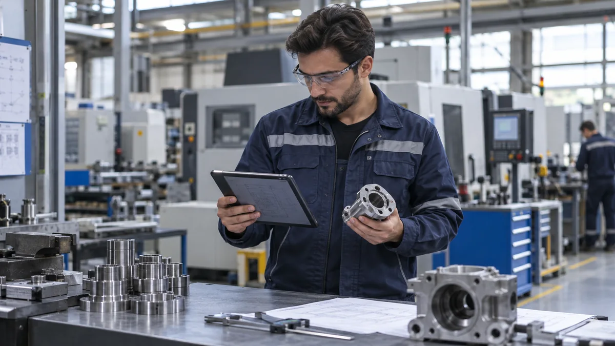 Endüstriyel sistem çizimini ve makine bileşenini inceleyen makine mühendisi