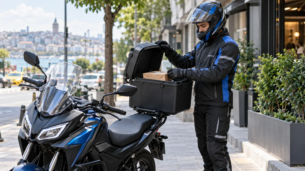 Koruyucu ekipmanla güvenli teslimata hazırlanan motorlu kurye