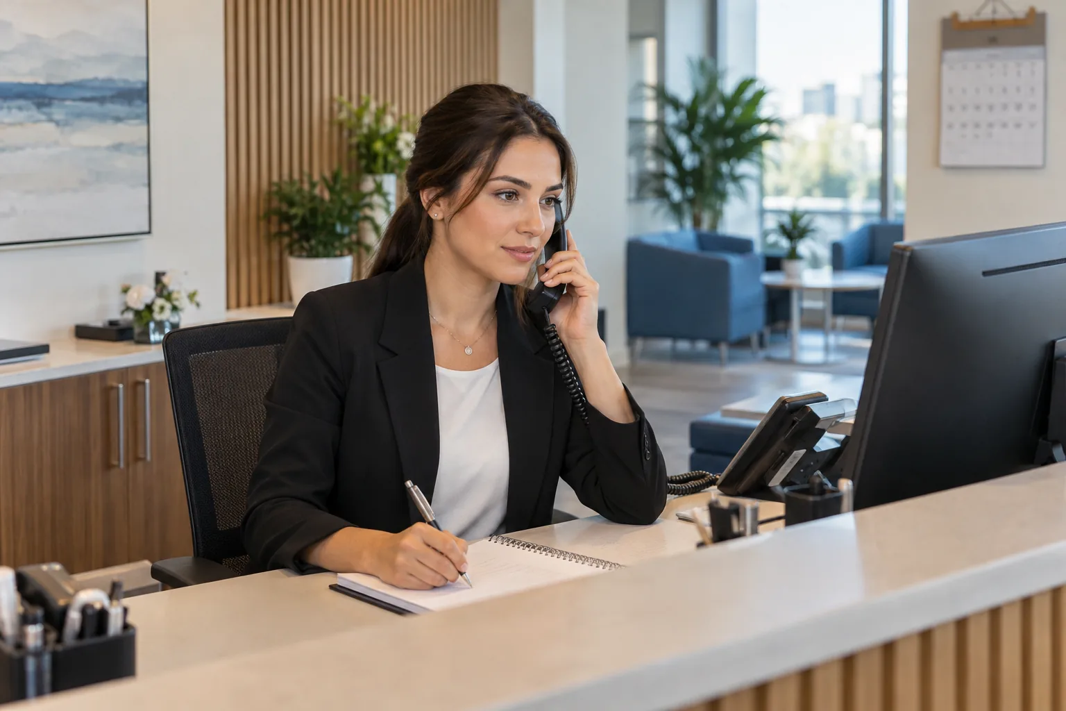 Modern ofiste telefon görüşmesini ve notlarını yöneten profesyonel sekreter